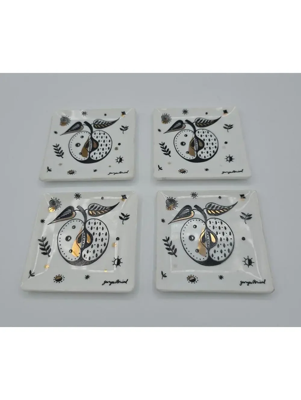 Georges Briard Forbidden Fruit 4 Piece Milk Glass Black Gold Apple Trinket Trays